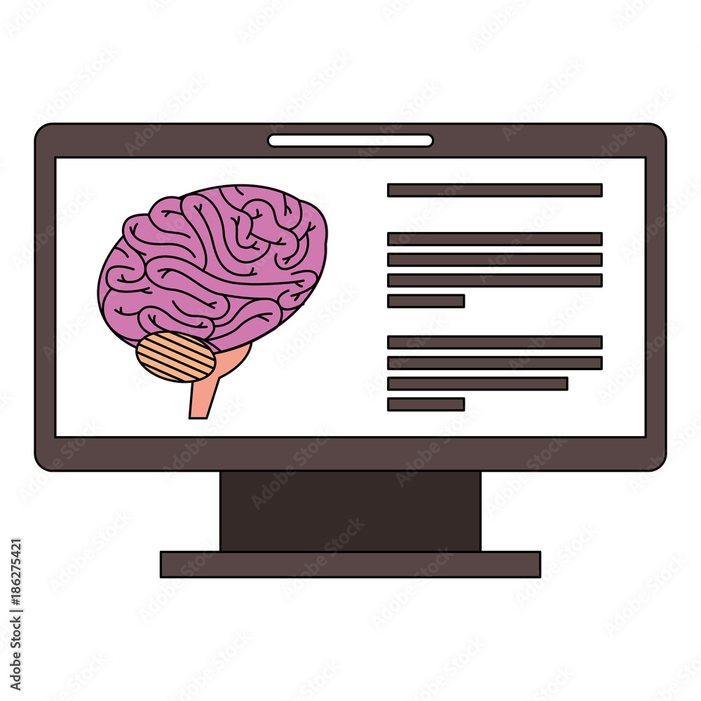 Poster monitor computer with brain vector illustration design