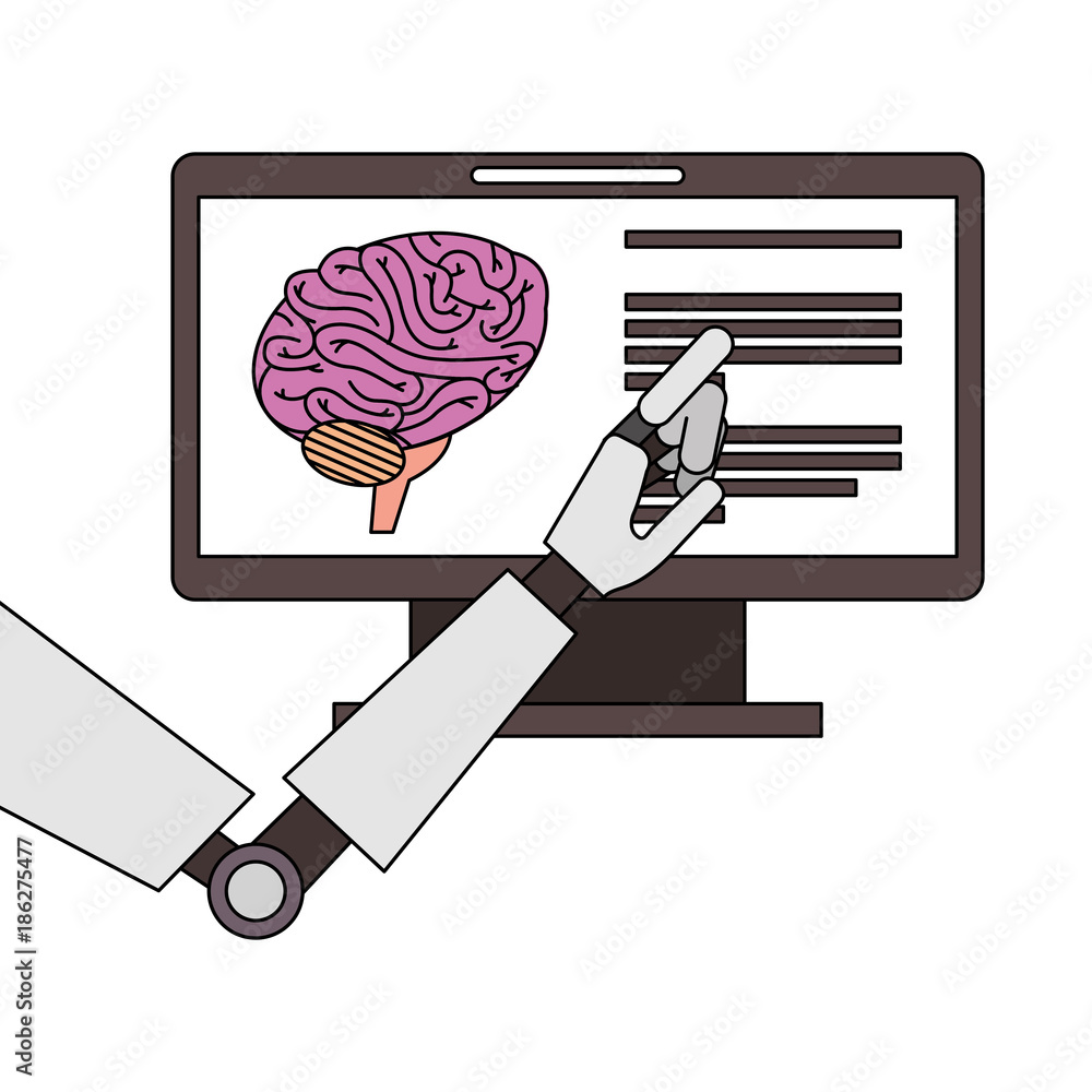 Poster monitor computer with brain and robot hand vector illustration design