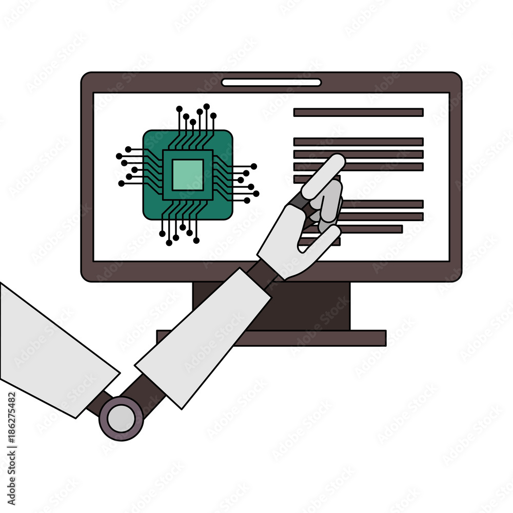 Poster monitor computer with processor and robot hand vector illustration design