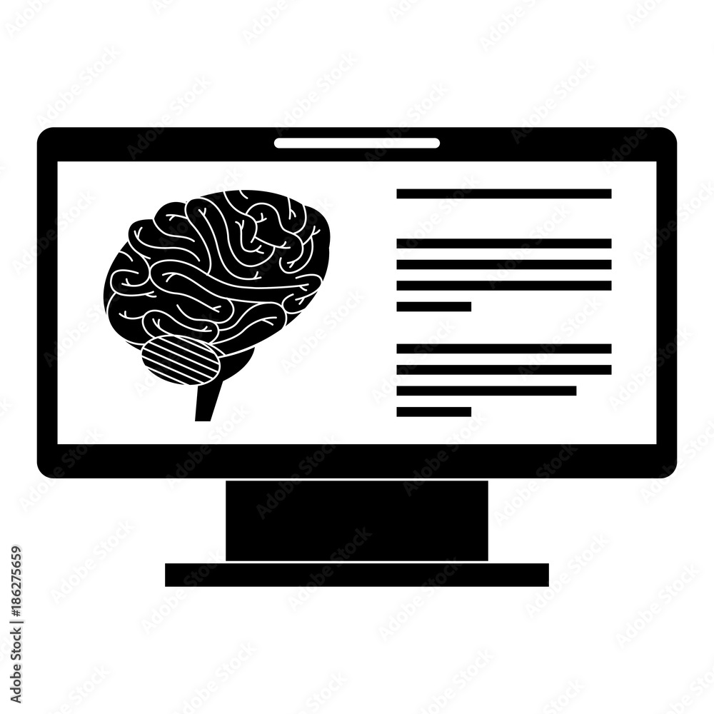 Poster monitor computer with brain vector illustration design