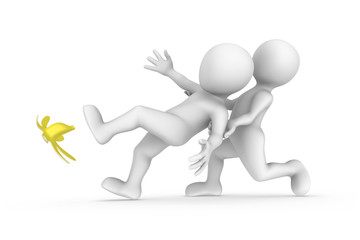 3d slipping man and friend. Help concept.
