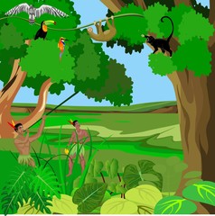 Jungle wildlife scene, aboriginal men hunting monkeys ,vector illustration.