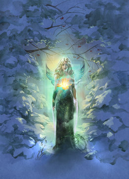 Zodiac sign illustration of Virgo as a beautiful blond woman with a glowing flower and transparent wings on the winter forest background
