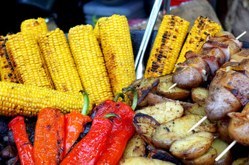 Grilled vegetables. Corn, pepper, aubergines on skewers        
