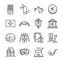 Switzerland icon set. Included the icons as rescue dog, milk, chocolate, cheese, alps mountain, euro coin, castle and more.