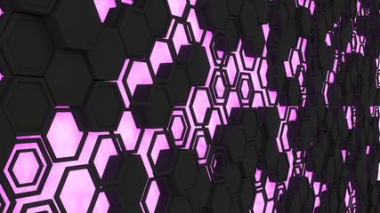Abstract 3d background made of black hexagons on orange purple background