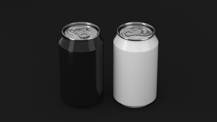 Two small black and white aluminum soda cans mockup on black background