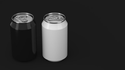 Two small black and white aluminum soda cans mockup on black background