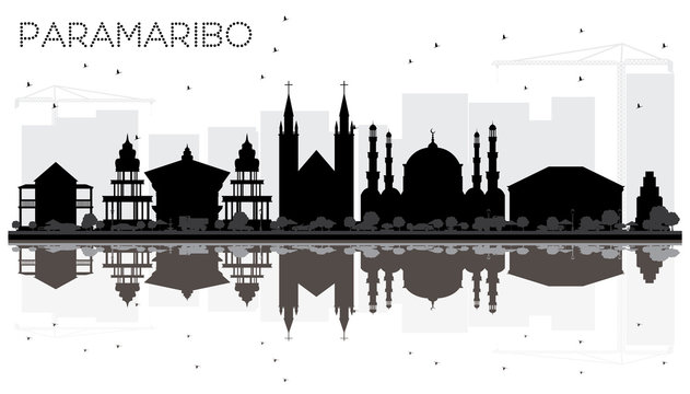 Paramaribo Suriname City skyline black and white silhouette with Reflections.