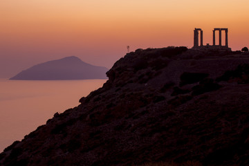 Cape Sounion and Temple of Poseidon at sunset in Greece