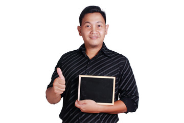 Young Asian Man Showing Small Blackboard