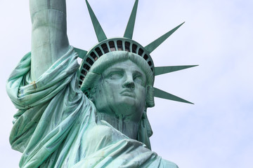 Close up of The Statue of Liberty on Liberty Island in New York City. This is the copper statue...