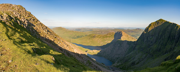 View from the Llanberis Path, Snowdonia, Gwynedd, Wales, UK - looking northeast at Garnedd Ugain, Glaslyn, Llyn Llydaw and Mount Snowdon