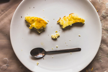 spoon and pieces of egg on a plate in the shape of a face
