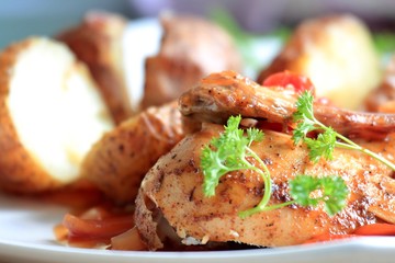 tender chicken cooked on a plate stock photo