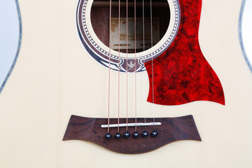 Part of guitar closeup and on white background.