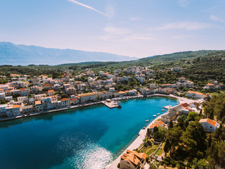 Aerial - High ange view of village. Small Adriatic town