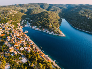 Aerial - High ange view of village. Small Adriatic town
