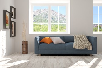 Idea of white room with sofa and summer landscape in window. Scandinavian interior design. 3D illustration