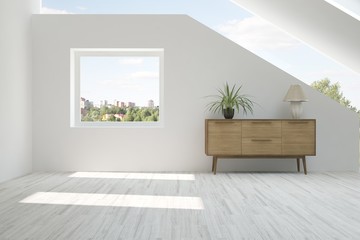 White empty room with summer landscape in window. Scandinavian interior design. 3D illustration