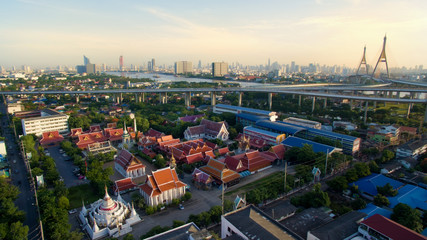 aerial view of temple and bhumibol bridge in bangkok thailand