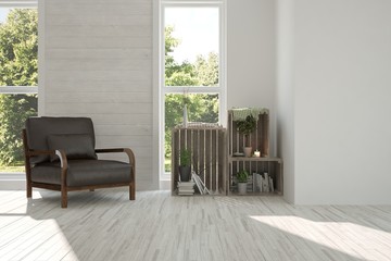 Idea of white room with armchair and summer landscape in window. Scandinavian interior design. 3D illustration