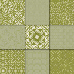 Olive green geometric ornaments. Collection of seamless patterns