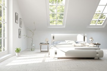 Obraz na płótnie Canvas Inspiration of white minimalist bedroom with summer landscape in window. Scandinavian interior design. 3D illustration