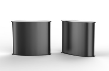 Black blank curved exhibit promotional counter advertising POS POI PVC booth, Retail Trade Stand Isolated on the white background. Mock Up Template For Your Design. 3D illustration.