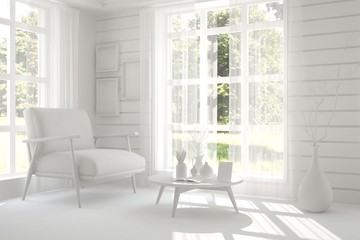 Idea of white room with armchair and summer landscape in window. Scandinavian interior design. 3D illustration