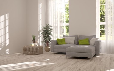 Idea of white room with sofa and summer landscape in window. Scandinavian interior design. 3D illustration