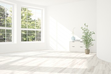 White empty room with summer landscape in window. Scandinavian interior design. 3D illustration