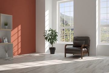 Idea of white room with armchair and summer landscape in window. Scandinavian interior design. 3D illustration