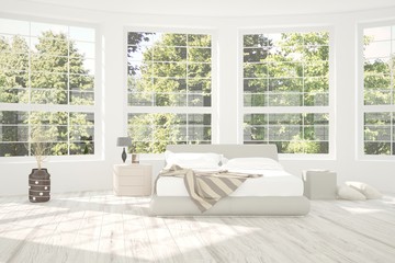 Inspiration of white minimalist  bedroom with summer landscape in window. Scandinavian interior design. 3D illustration
