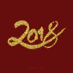 2018 happy new year. Calligraphic hand drawn bright number by golden confetti. Glitter particles template object for design branding. Vector illustration.