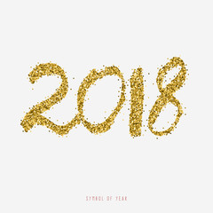 2018 happy new year. Calligraphic hand drawn bright number by golden confetti. Glitter particles template object for design branding. Vector illustration.
