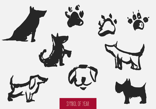 Set of dog element silhouettes isolated on white background. Concept chinese zodiac symbol of 2018 year. Sketch traditional vector illustration.
