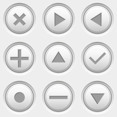 Round media and video control buttons. White icons