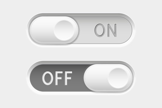 On and Off long oval icons. Toggle switch interface buttons. Gray elements