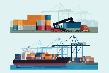 Cargo logistics truck and transportation container ship with working crane import export transport industry and forklift truck in shipping yard. illustration vector - obrazy, fototapety, plakaty