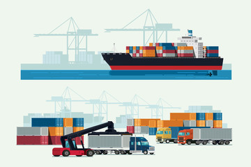 Cargo logistics truck and transportation container ship with working crane import export transport industry. illustration vector - obrazy, fototapety, plakaty