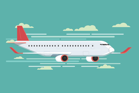 Airplane flying in sky. Vector illustration