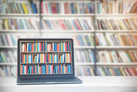 Laptop With Bookshelves On Screen, Library Side