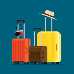 travel suitcases and hat camera isolated, Vector Illustration