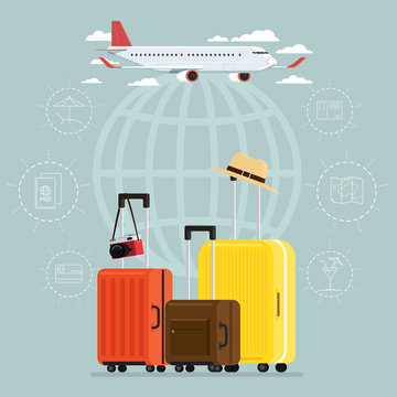 Plane and departures travel sky and travel suitcases, Vector Illustration