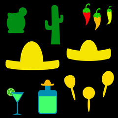 Mexican hat drink cactus and food icon set vector design