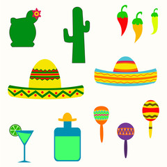 Mexican hat cactus drink party and food icon set vector design
