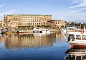 Obraz premium Stockholm daylight skyline panorama of Gamla Stan with Royal Palace. Panoramic montage