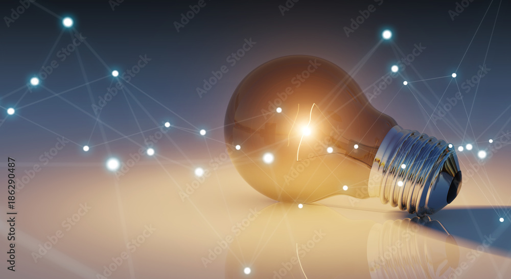 Aufkleber Bright lightbulb and connections laying on the floor 3D rendering