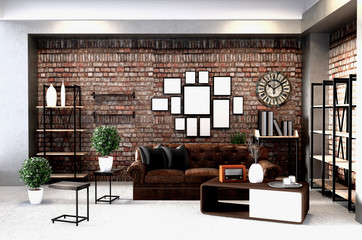 Modern loft style living interior design. 3d rendering